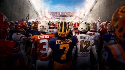 Arte de fondo de EA Sports College Football 25 que muestra a jugadores de varios equipos reunidos en la entrada de un estadio.