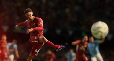 Skärmbild från EA Sports FC 25 som visar Trent Alexander-Arnold spelandes för Liverpool