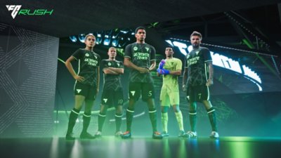 EA Sports FC 25 – Image promouvant le mode Rush en 5c5 avec une équipe de 5 joueurs de renommée internationale