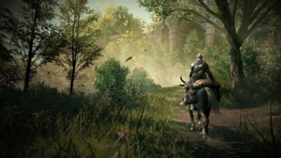 Elden Ring - Shadow of the Erdtree screenshot showing a mounted character in a wooded landscape