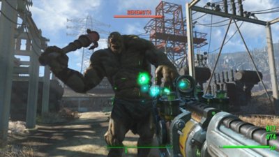 Fallout 4 – kuvakaappaus, jossa pelaaja haastaa behemotin taistelussa.