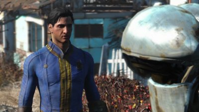 Fallout 4 – snímek obrazovky zobrazující obyvatele vaultu, který mluví s robotickým společníkem.