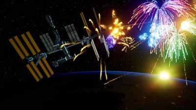 Fantavision 202X screenshot showing a spectacular fireworks display in space near an orbiting satellite