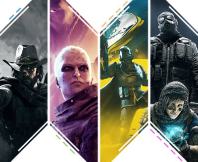 Arte original compuesto para la colección de juegos de disparos por equipo para PlayStation con imágenes principales de Rainbow Six: Siege, Helldivers II, Outriders y Hunt: Showdown.