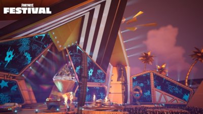 Fortnite Festival Season 6 screenshot showing a stage with screens displaying blue graphics