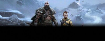 PlayStation Plus God of War Ragnarök hero art featuring Kratos and Atreus posing.