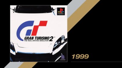 Ein Bild des Coverdesigns von Gran Turismo 2 mit dem Erscheinungsjahr daneben: 1999