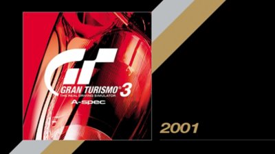 Ein Bild des Coverdesigns von Gran Turismo 3 mit dem Erscheinungsjahr daneben: 2001