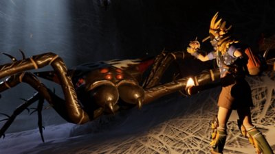 Captura de tela de Grounded mostrando uma criança encontrando uma aranha gigante.