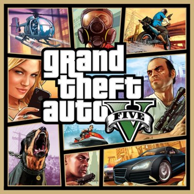 Grand Theft Auto V key art showing a collage of characters.