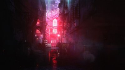 Hitman World of Assassination screenshot showing an alley lit by red neon light