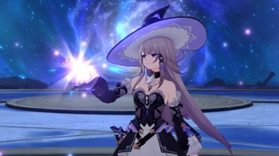 Captura de pantalla de Honkai: Star Rail que muestra a un personaje con sombrero de bruja lanzando magia púrpura