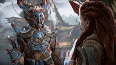 Snímek obrazovky z tipů a triků do Horizon Forbidden West – Aloy mluvící s domorodci