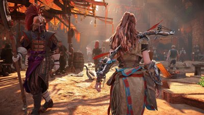 Horizon Zero Dawn Remastered screenshot showing Aloy walking through a market