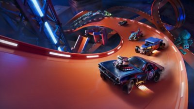 Hot Wheels Unleashed konceptualni umetnički prikaz sa određenim brojem automobila koji se trkaju kroz oštru krivinu.