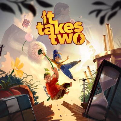 It Takes Two key art showing two characters swinging through the air