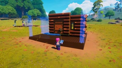 Lego Fortnite Odyssey screenshot showing a LEGO Minifigure character building a cabin