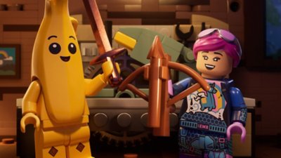 Lego Fortnite Odyssey screenshot showing two LEGO Minifigure characters holding weapons