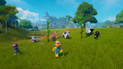 Lego Fortnite Odyssey screenshot showing a group of LEGO Minifigure characters