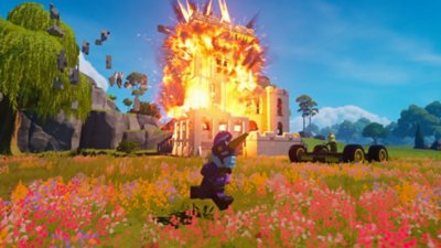 Lego Fortnite Odyssey screenshot showing a LEGO Minifigure character running past an exploding building