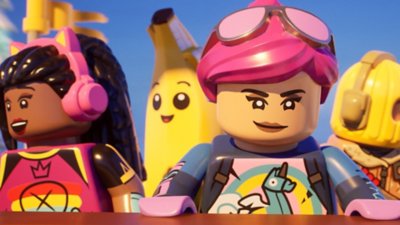 Lego Fortnite Odyssey screenshot showing a group of determined looking LEGO Minifigure characters