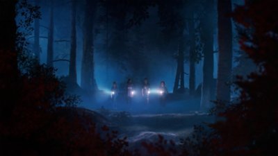 Lost Records: Bloom & Rage screenshot showing the four characters in a forest at night holding flashlights