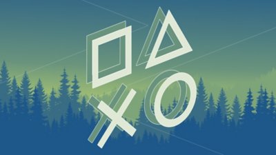 Illustrasjon for PlayStation-guiden til mindfulness og velvære, med de fire PlayStation-symbolene foran en beroligende bakgrunn med en skog.