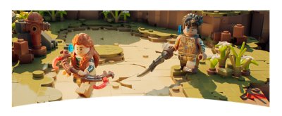 Captura de pantalla de LEGO Horizon Adventures que muestra a Aloy y un acompañante en un entorno de piezas de lego.