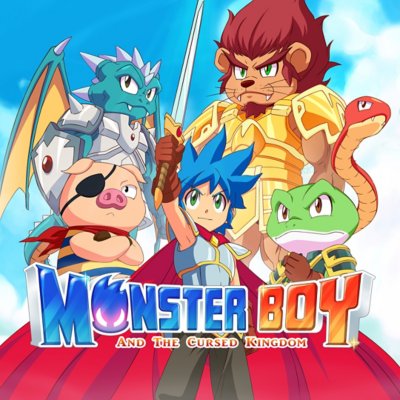 صورة فنية أساسية للعبة Monster Boy and the Cursed Kingdom تعرض رسمًا توضيحيًا مرسوم يدويًا للشخصية للرئيسية برفقة نماذج الوحوش العديدة التي يتمثل بها.