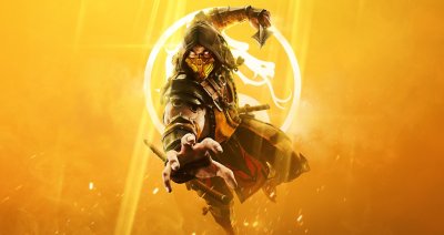 Arte guía de Mortal Kombat 11 mostrando al personaje Scorpion frente a un fondo amarillo.