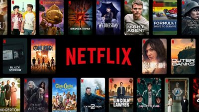 Netflix logo surrounded by content available on the service