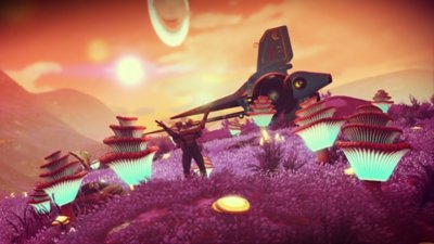 Captura de ecrã do No Man's Sky que mostra um campo de fauna alienígena ao nascer do sol