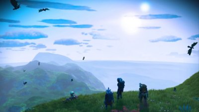 Captura de ecrã do No Man's Sky que mostra três personagens a olhar para uma panorâmica planetária