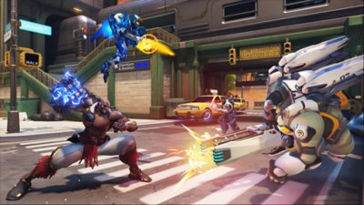 Overwatch 2 screenshot of characters facing off on the streets of New York City.