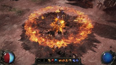 Path of Exile 2 screenshot showing a boss emitting a circular flaming attack