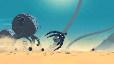 Planet of Lana – Screenshot von Lana und Mui, die versuchen, vor Alien-Robotern zu fliehen