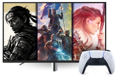 Monitor na kom su prikazane igre Ghost of Tsushima, Destiny 2 i Horizon Forbidden West