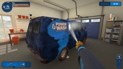 PowerWash Simulator – skærmspil med en varevogn, der bliver vasket