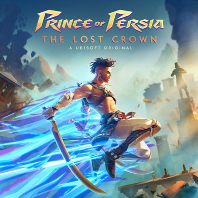 Prince of Persia The Lost Crown key art showing a character jumping while holding two swords.