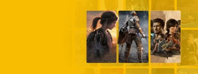 Imagen de PlayStation Plus con Ilustración principal de The Last of Us Part I, Demon's Souls y Uncharted: Legacy of Thieves Collection.