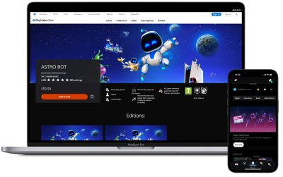 Ein Laptop und ein Handy, auf denen der PlayStation Store zu sehen ist.