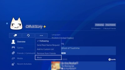 Interfaccia utente di PS4 che mostra come bloccare un giocatore.