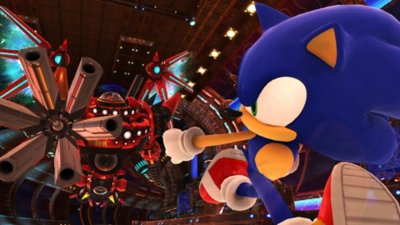 Sonic x Shadow Generations screenshot showing Sonic avoiding a Robotnik-like robot