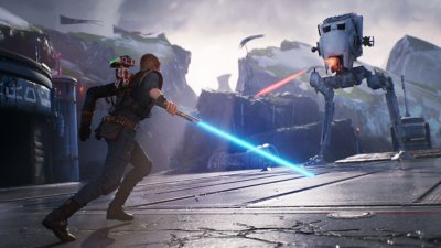 STAR WARS Jedi: Fallen Order ekran görüntüsü, bir AT-ST ile dövüşen Cal Kestis’i gösteriyor