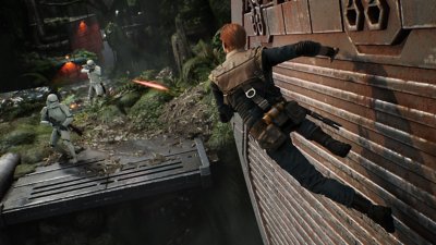 Captura de pantalla de STAR WARS Jedi: Fallen Order donde aparece Cal corriendo por las paredes