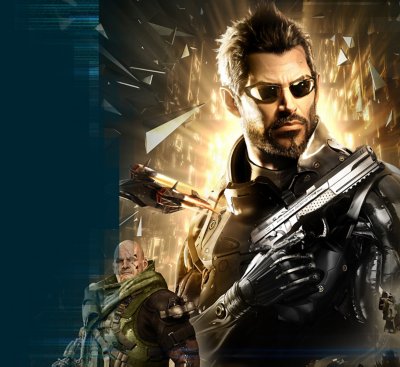 Render artístico del personaje Adam Jensen de Deus Ex: Mankind Divided sosteniendo una pistola junto a un antagonista clave 