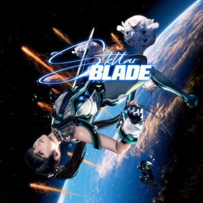 Stellar Blade cover art showing character floating upside down in space