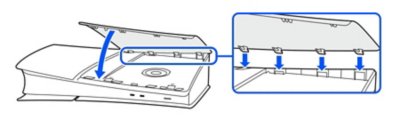 Side view of a PS5 console showing the cover’s clips being aligned with the holes located on the side of the console furthest from you.