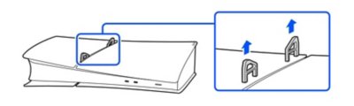 Vista laterale di una console PS5. Il tasto di accensione è rivolto verso di te e si trova sul lato destro. Le frecce indicano come rimuovere i piedini base orizzontale (corti) dalle coperture.