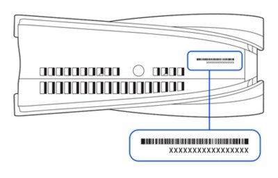 Bild underifrån av en PS5-konsol med en bildruta som visar placeringen av serienumret.